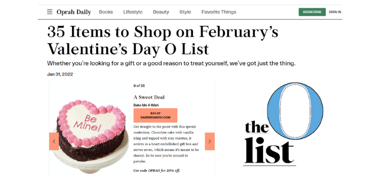 BakeMeAWish.com Makes The O List 2022 for Valentine's Day!